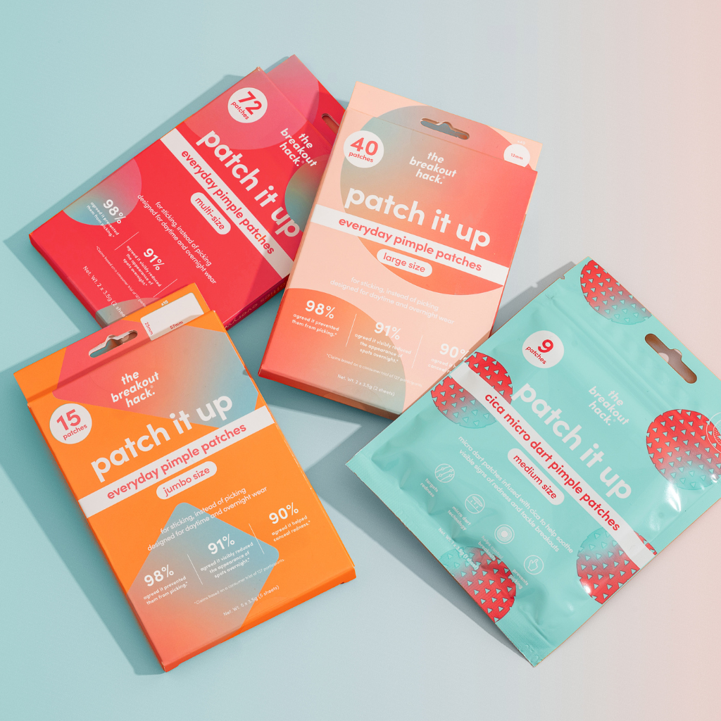 Assortment of the breakout hack pimple patches on colourful background.